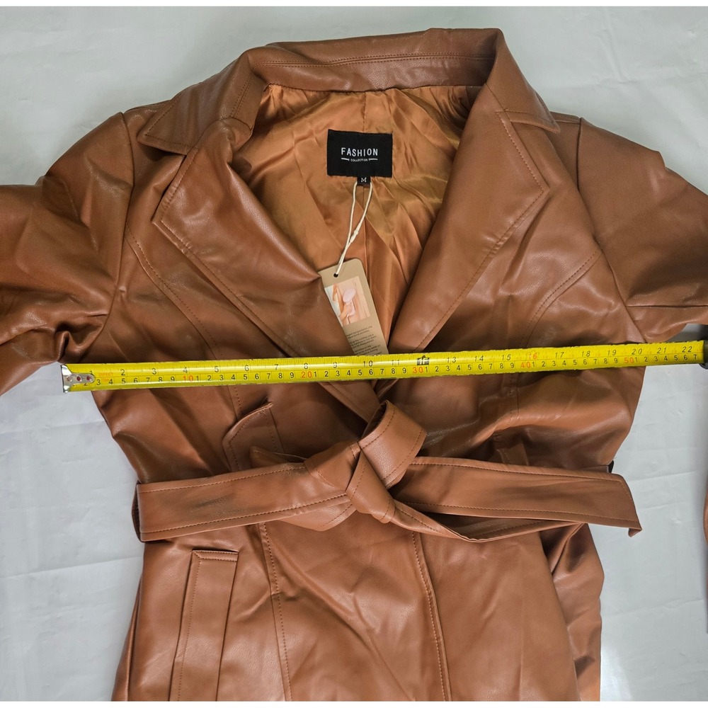 Utcoco Faux Leather Trench Coat Brown Belted Jacket Size M NEW - Picture 9 of 16